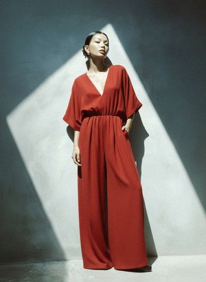 Red Wide-Leg V-Neck Jumpsuit