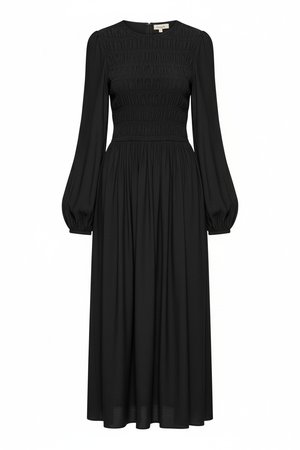 Black Smocked Long Sleeve Midi Dress