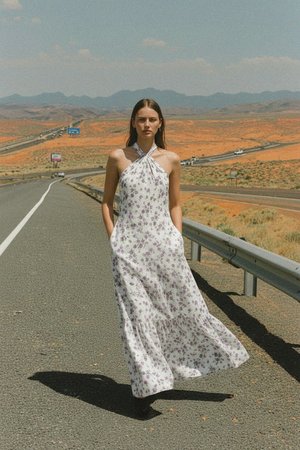 White Floral Halter Neck Maxi Dress