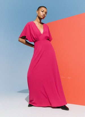 Vibrant Pink Maxi Dress with V-Neck and Dolman Sleeves