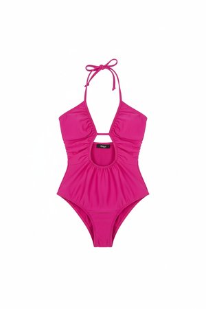 Vibrant Pink Ruched Cutout Halter Swimsuit