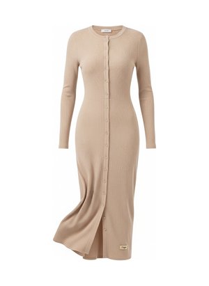 Elegant Beige Ribbed Knit Button-Front Midi Dress