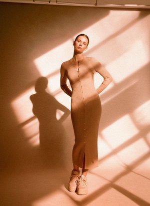 Elegant Beige Ribbed Knit Button-Front Midi Dress