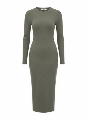 Form-Fitting Ribbed Knit Long Sleeve Midi Dress