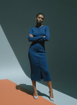 Blue Ribbed Long Sleeve Button-Front Midi Dress