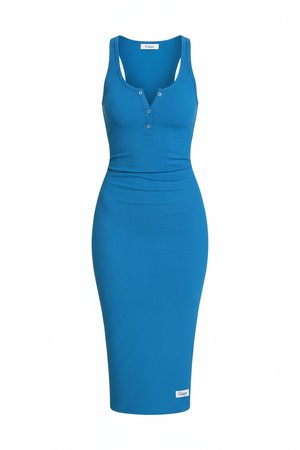 Blue Ribbed Sleeveless Henley Midi Dress