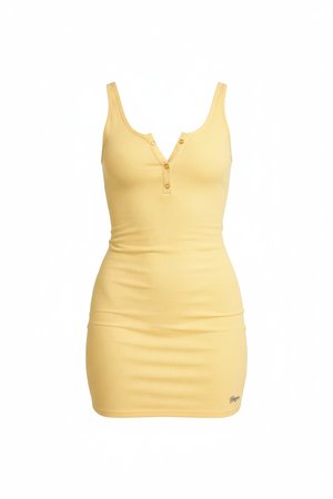 Fitted Yellow Ribbed Henley Mini Dress