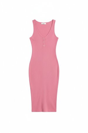 Pink Ribbed Henley Midi Dress