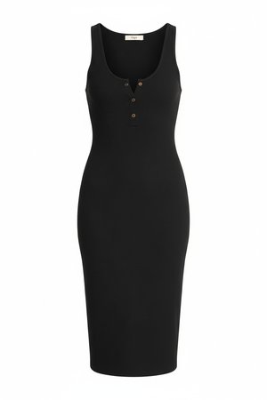 Black Ribbed Button-Front Midi Dress