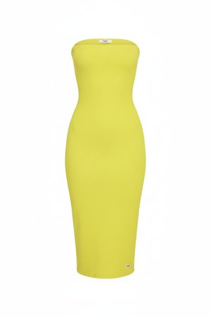 Yellow Strapless Ribbed Bodycon Midi Dress