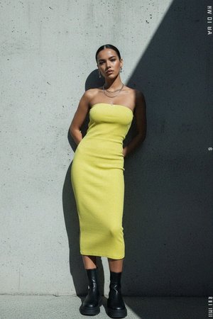 Yellow Strapless Ribbed Bodycon Midi Dress