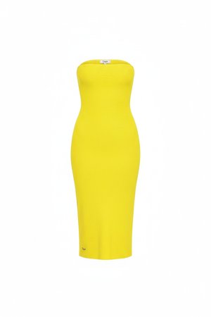 Chic Yellow Strapless Ribbed Midi Dress
