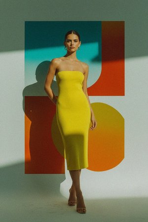 Chic Yellow Strapless Ribbed Midi Dress