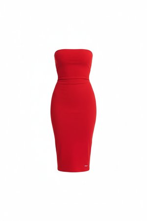 Red Strapless Ribbed Bodycon Midi Dress