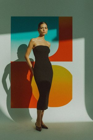 Black Ribbed Strapless Midi Dress