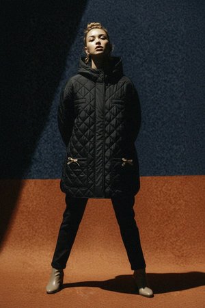 Black Quilted Hooded Jacket with Bow Details