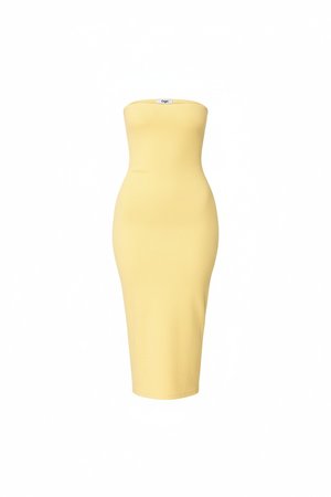 Strapless Ribbed Knit Midi Dress in Pale Yellow