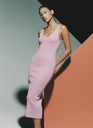 Ribbed V-Neck Sleeveless Midi Dress - Pink