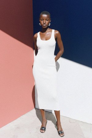 White Ribbed Fitted Midi Dress