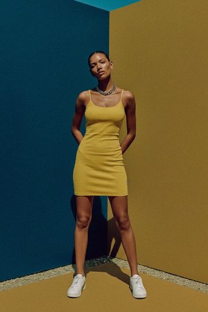 Yellow Ribbed Bodycon Mini Dress with Spaghetti Straps