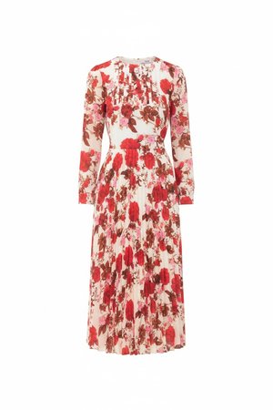 Elegant Red Floral Pleated Midi Dress