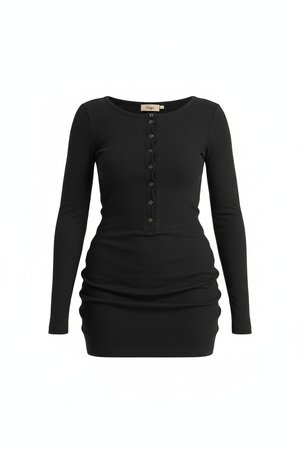 Black Ribbed Long Sleeve Henley Mini Dress
