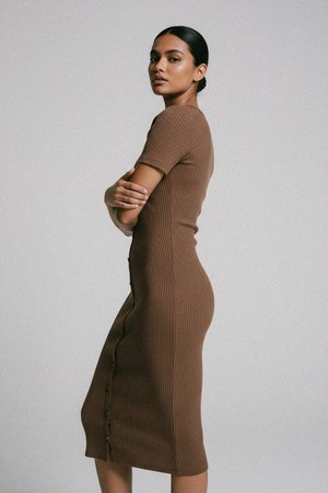 Ribbed V-Neck Button-Front Midi Dress