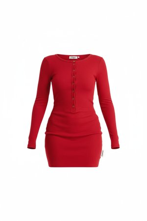Red Ribbed Long Sleeve Button Front Mini Dress