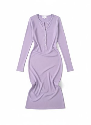 Ribbed Long Sleeve Midi Dress with Henley Buttons