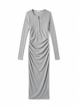 Ribbed Long Sleeve Midi Dress with Button Detail