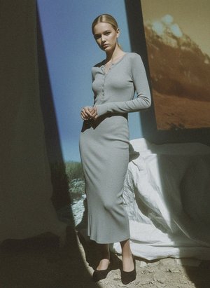 Ribbed Long Sleeve Midi Dress with Button Detail