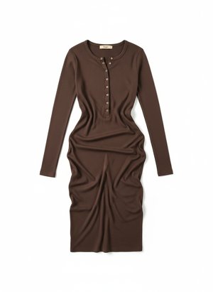 Brown Ribbed Midi Dress with Henley Buttons