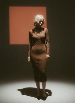 Brown Ribbed Midi Dress with Henley Buttons