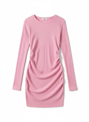Pink Ribbed Long Sleeve Mini Dress