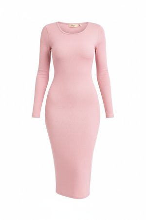 Pink Ribbed Long Sleeve Midi Dress