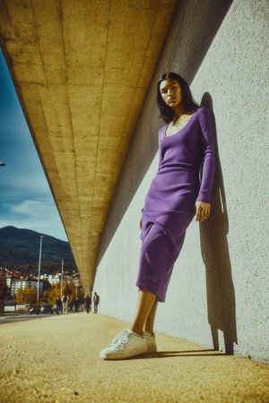 Purple Long Sleeve Ribbed Knit Midi Dress