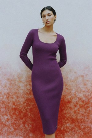 Purple Ribbed Long Sleeve Bodycon Midi Dress
