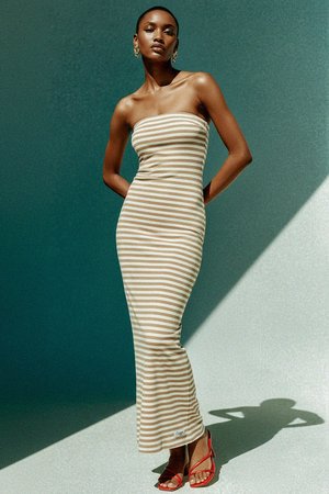 Beige & White Striped Strapless Maxi Dress