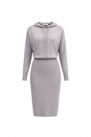Grey Ribbed Knit Hoodie Midi Dress