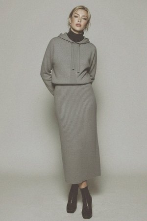 Grey Ribbed Knit Hoodie Midi Dress