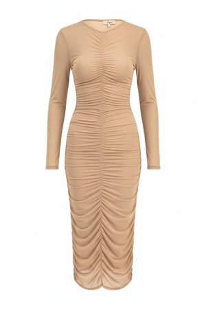 Elegant Ruched Long Sleeve Bodycon Midi Dress