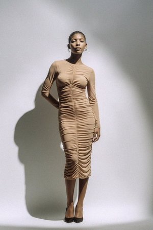 Elegant Ruched Long Sleeve Bodycon Midi Dress