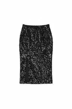 Sparkling Black Sequin Midi Skirt with High Slit