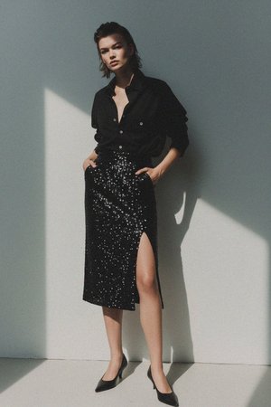 Sparkling Black Sequin Midi Skirt with High Slit