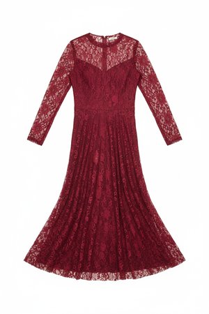 Elegant Red Lace Long Sleeve Midi Dress