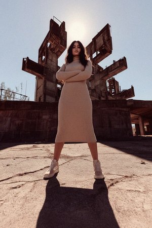 Beige Ribbed Knit Turtleneck Midi Dress