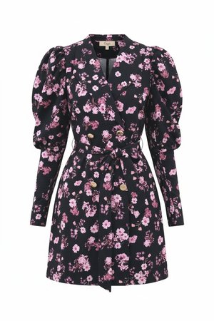 Black Floral Puff Sleeve Mini Dress