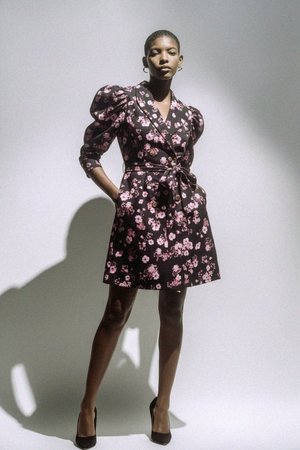Black Floral Puff Sleeve Mini Dress