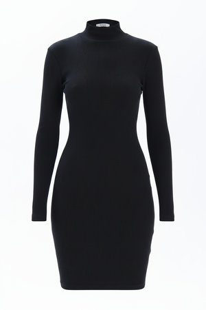 Black Ribbed Knit Turtleneck Bodycon Mini Dress