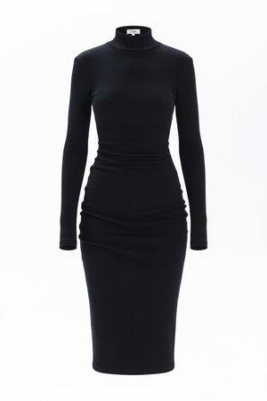 Fitted Black Ribbed Turtleneck Long Sleeve Midi Dress